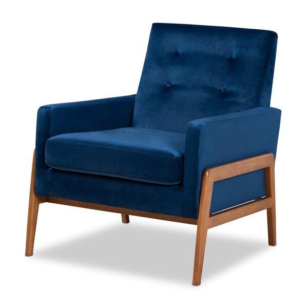 Baxton Studio Perris Mid-Century Modern Navy Blue Velvet Fabric and Walnut Brown Finished Wood Lounge Chair 175-10868-Zoro